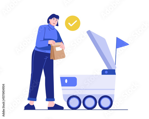 Illustration of a woman receiving a food order from a delivery robot. The robot delivers food to the customer and the woman takes the meal from it. Innovative food delivery service concept