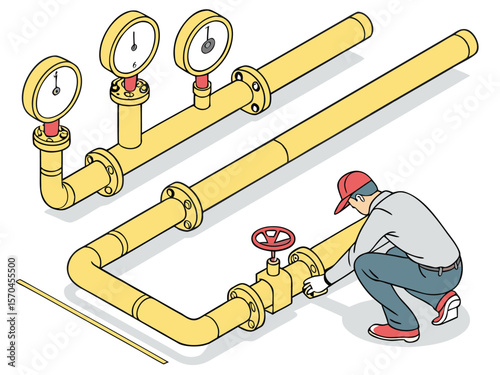 Worker adjusting valve on yellow industrial pipes with gauges vector