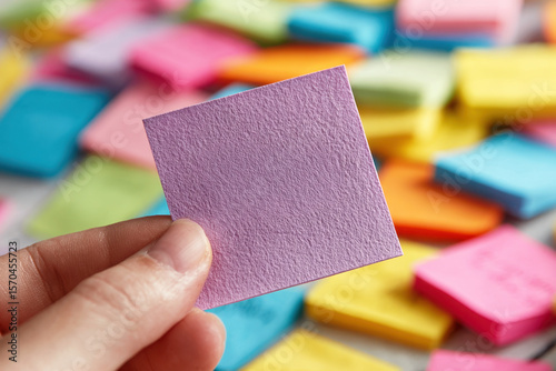 Hand holding purple sticky note with colorful notes scattered in background. Concept of office supplies, reminders and organization