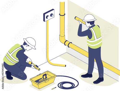 Workers inspecting yellow pipes with tools inspection safety vests