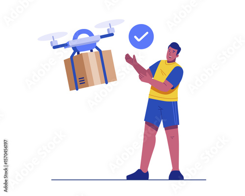 Illustration of a drone delivering a package to a man. The man happily receives the parcel from the flying drone. Concept of contactless shipping, smart logistics, and modern delivery technology