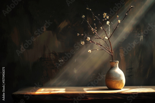Ceramic vase with dry flower branches on wooden table in sunlight. Concept of interior decoration, minimalism and natural home decor.