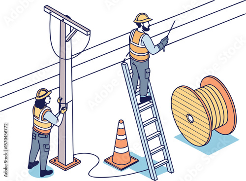 Workers installing cables on utility pole with ladder and spool installation