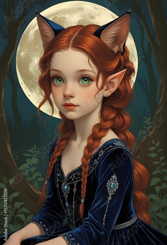 猫耳の少女、ファンタジーゲーム用キャラクターポートレートイラスト