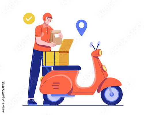 A food delivery courier loads a meal package into a scooter box, getting ready for fast and efficient delivery. Illustration concept of fast food delivery, express shipping, and urban logistics
