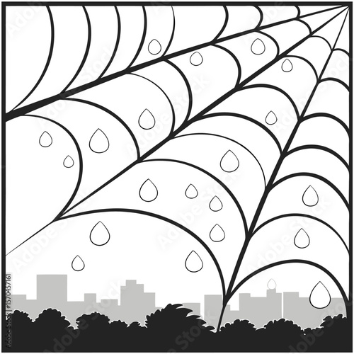 A black and white illustration of a spider web with raindrops over a city skyline and trees in foreground