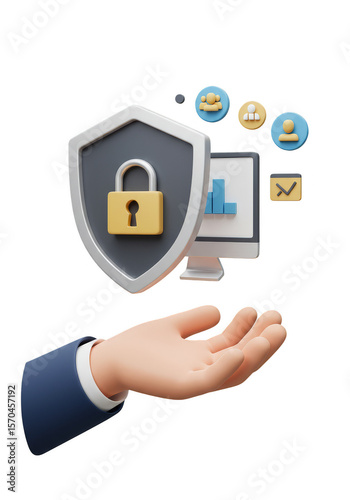 3D Rendering Security Shield Hand Data Protection Lock Computer Privacy