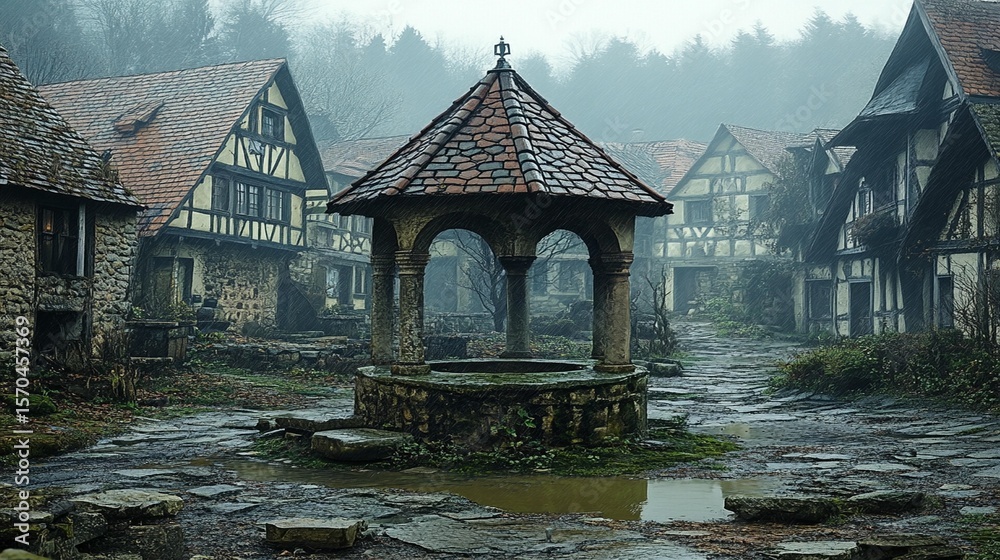 Fototapeta premium Rain-Soaked Medieval Village