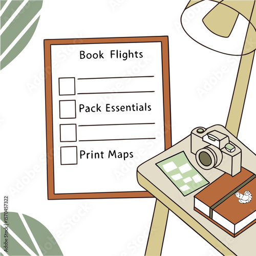 Travel preparation checklist with book flights, pack essentials, and print maps next to camera and book