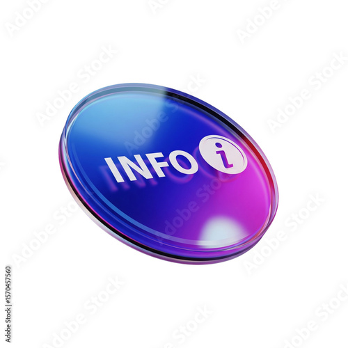 3D Glass Holographic Info Badge with White Information Icon, Crystal Glossy Round Label in Sapphire Blue and Royal Purple Gradient on Transparent Background

