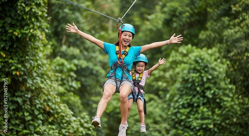 Mother and Daughter Enjoying Zip Lining Adventure in a Lush Forest Setting