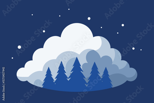 Serene Winter Night Cloud-Capped Forest Silhouette