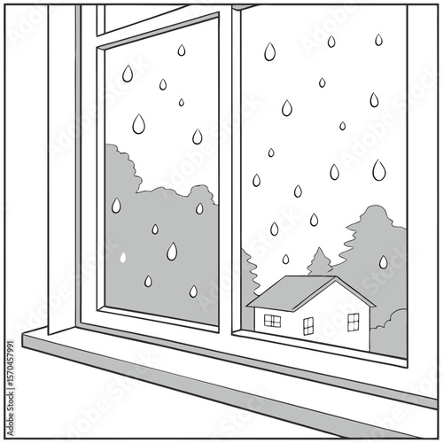 A monochrome line drawing of a window looking out at a rainy scene with a house and trees visible outside