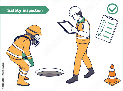 Workers performing safety inspection near open manhole protective gear gas mask