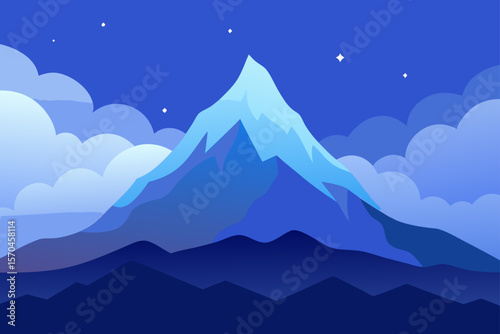 Majestic Night Mountain Landscape A Serene Blue Peak Under Starlit Sky