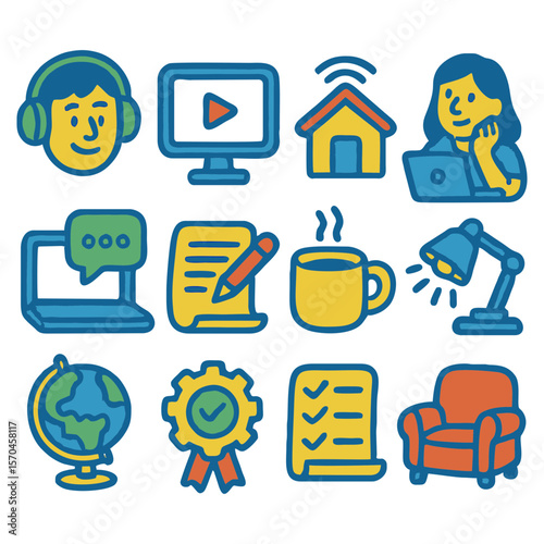 Collection of colorful icons depicting various aspects of remote work and learning.