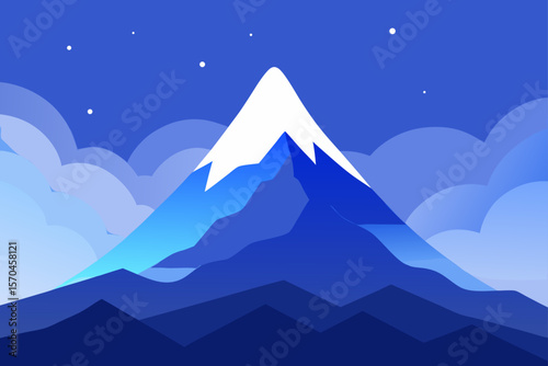 Majestic Mountain Peak Night Sky, Clouds, and Blue Hues Illustration