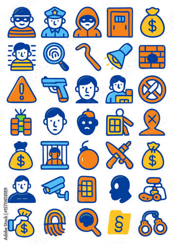 Colorful cartoon icons depicting crime, law enforcement, and security.