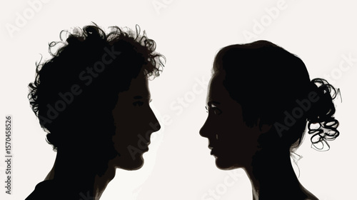 silhouette head profile of pensive young man and woman opposite each other