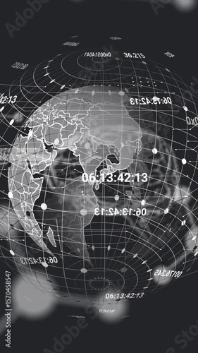 Animation of globe rotating over scientific data on black background