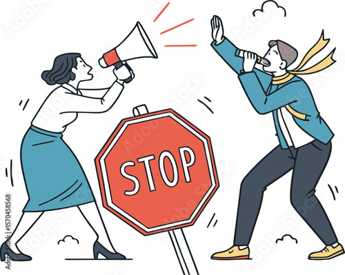 Woman with megaphone confronts man holding stop sign protest demonstration