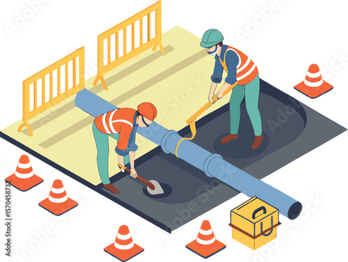 Workers repairing large blue pipe with shovels and safety equipment construction