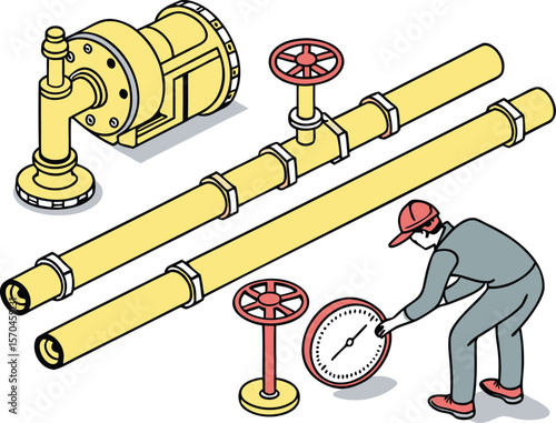 Yellow industrial pipes with valves and gauge being adjusted by worker vector