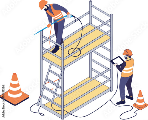 Construction workers on scaffolding with safety cones vector