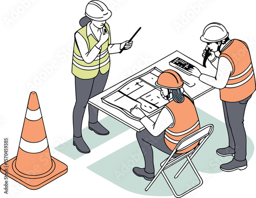 Construction workers reviewing blueprints at a table planning meeting