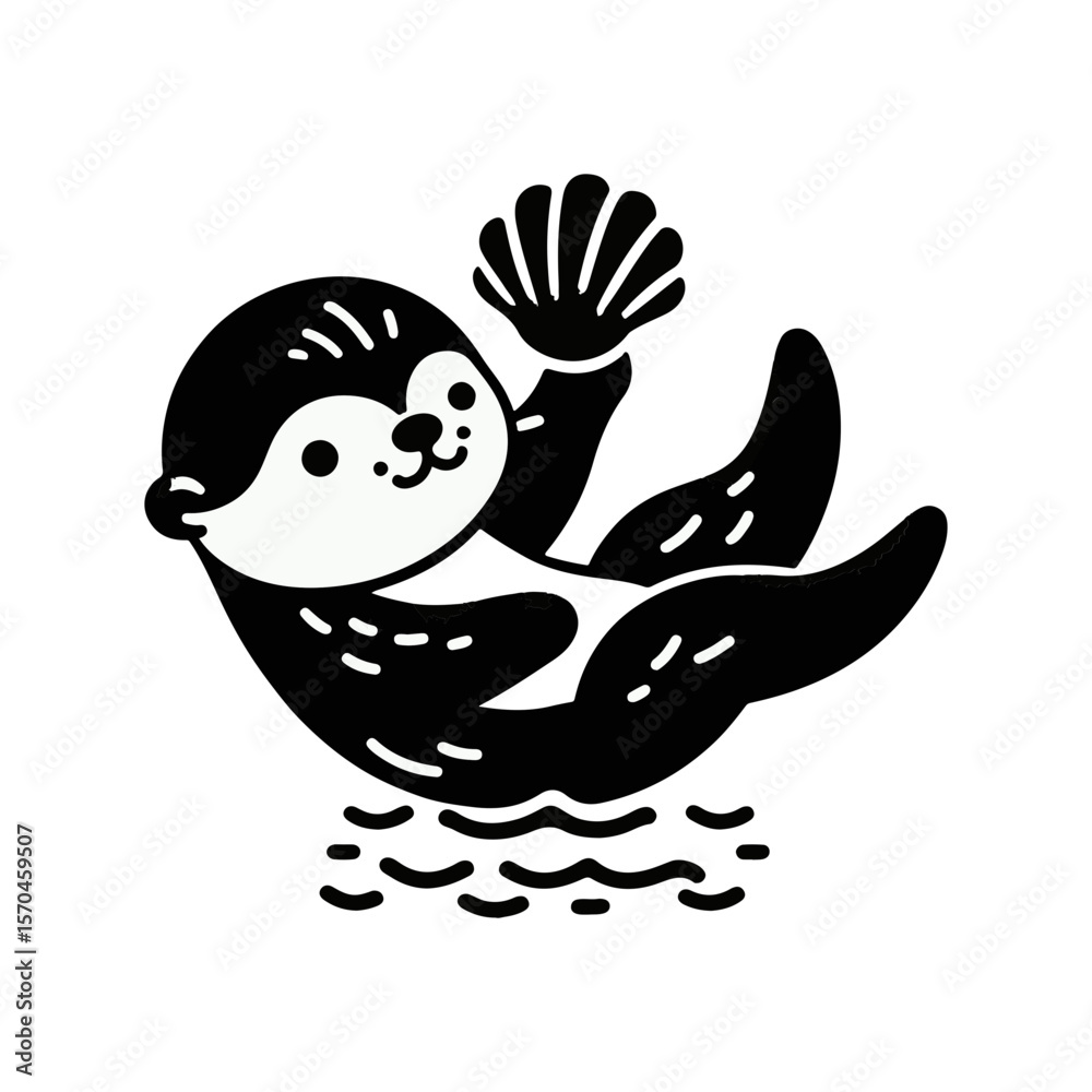 Fototapeta premium A baby otter floating on its back, balancing a seashell