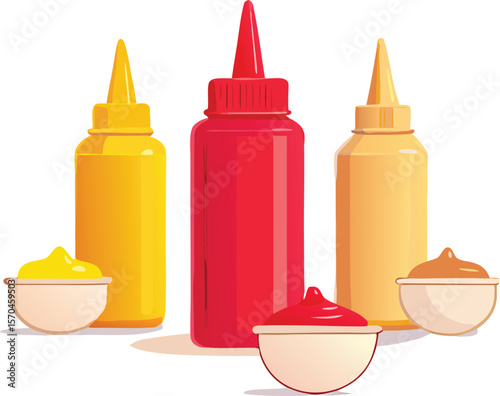 Red ketchup and yellow mustard bottles with dipping bowls vector