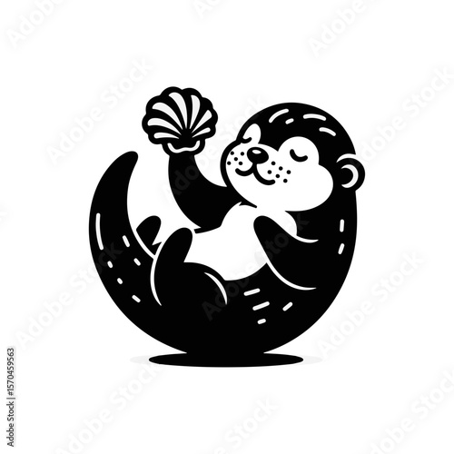 A baby otter floating on its back, balancing a seashell