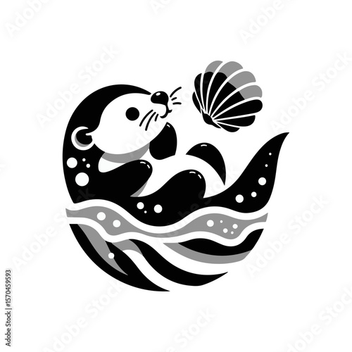A baby otter floating on its back, balancing a seashell