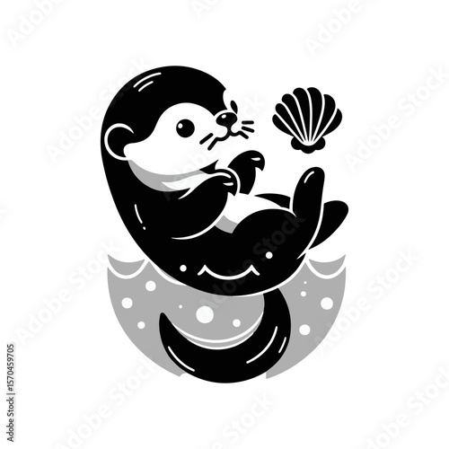 A baby otter floating on its back, balancing a seashell