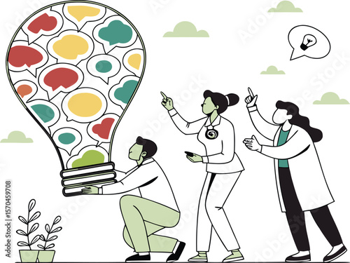 People collaborating on a giant light bulb filled with speech bubbles collaboration