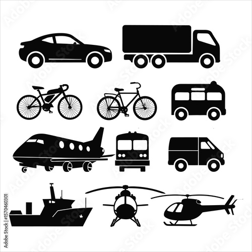 Diverse transportation vehicles including cars bicycles airplanes trucks buses helicopters and boats