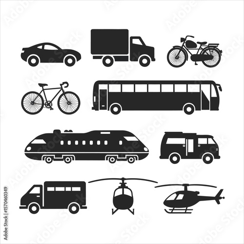 Diverse vehicles including cars trucks bicycles buses trains and helicopters vector