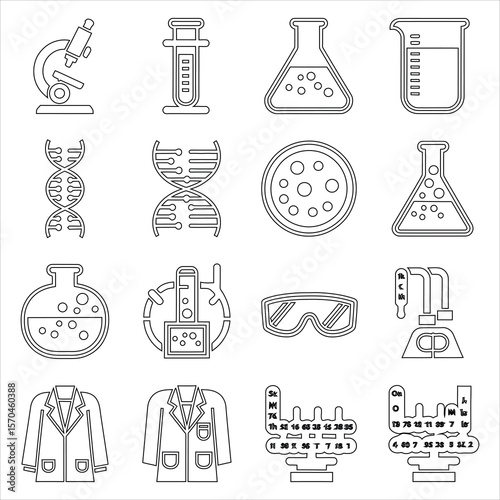 Microscope flask beaker dna strands petri dish lab coat goggles scientific equipment vector