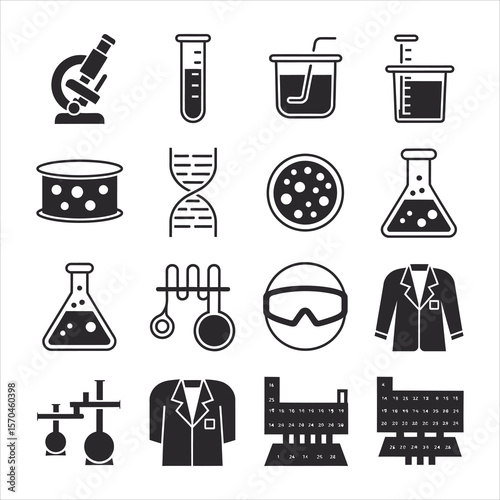 Microscope test tubes flasks beaker D N A helix lab coat goggles periodic table lab equipment