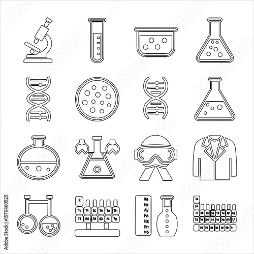 Science laboratory equipment and symbols microscope test tubes