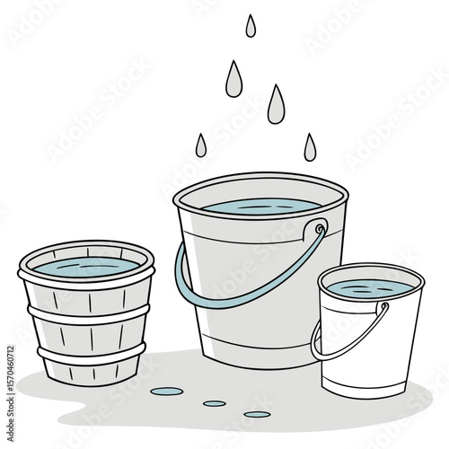 Three buckets filled with water and water droplets falling above them on a white background illustration