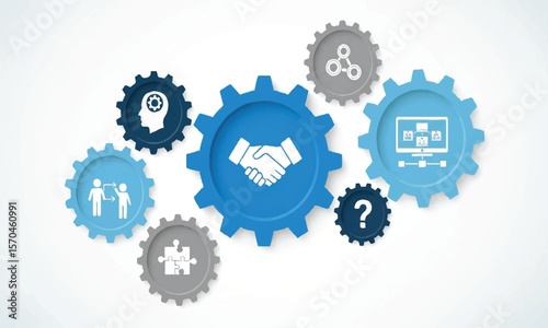 Blue gear wheels with partnership, collaboration, teamwork, and solution icons on white background