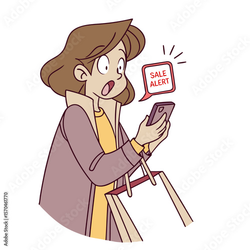 Woman with shopping bag looking at phone with sale alert notification and surprised expression on her face