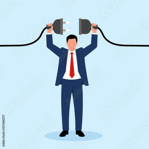 Illustration of a businessman holding two electrical plugs about to connect, symbolizing connection, solution, and partnership.