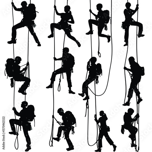 Silhouette Image Of Wall Climbing, black silhouettes isolated on white background