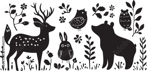 A vector illustration set of cartoon animal silhouettes, including common pets like cats and dogs, and wild animals like bears and birds, perfect for various design collections