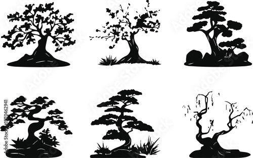 Set of vector silhouette tree and floral decoration elements