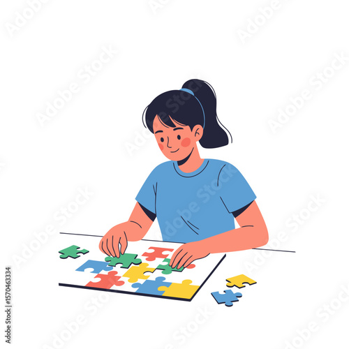 Young Woman Engaged in Completing a Colorful Jigsaw Puzzle, Promoting Cognitive Skills, Relaxation, and Problem-Solving for Educational and Recreational Activities