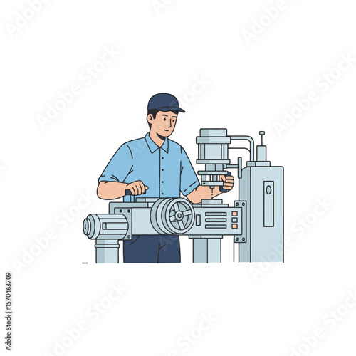 Cartoon Illustration of a Factory Worker Operating Machinery, Ideal for Demonstrating Industrial Processes, Manufacturing Operations, or Technical Training Materials