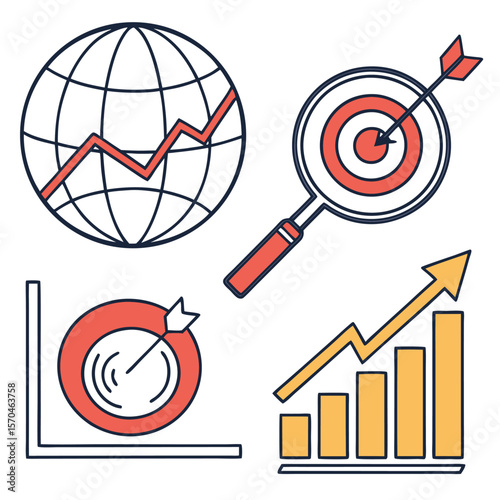 Illustration of business analytics elements including globe chart and magnifying glass target set